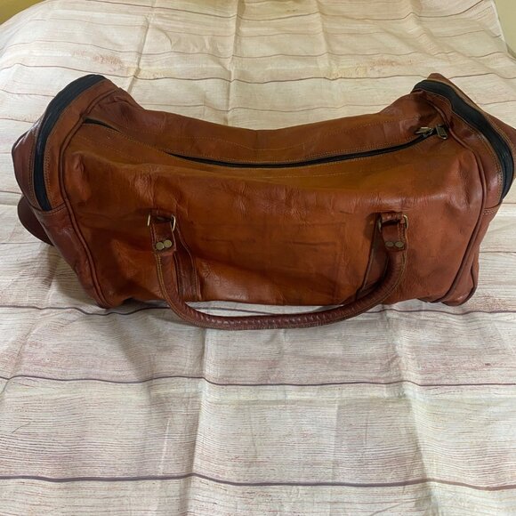 Komal's Passion 21'' Large Travel Genuine Brown Leather Duffle Bag With Strap - Picture 6 of 11